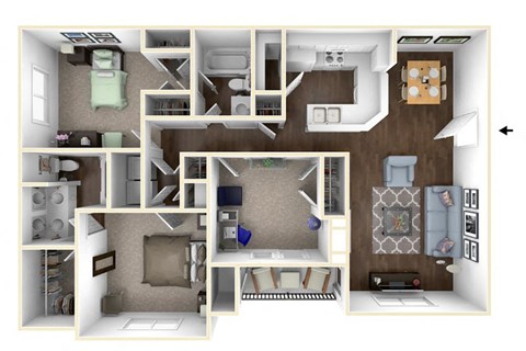 3 bedroom 2 bathroom C1 Floor Planat One Rocky Ridge Apartment, Georgia